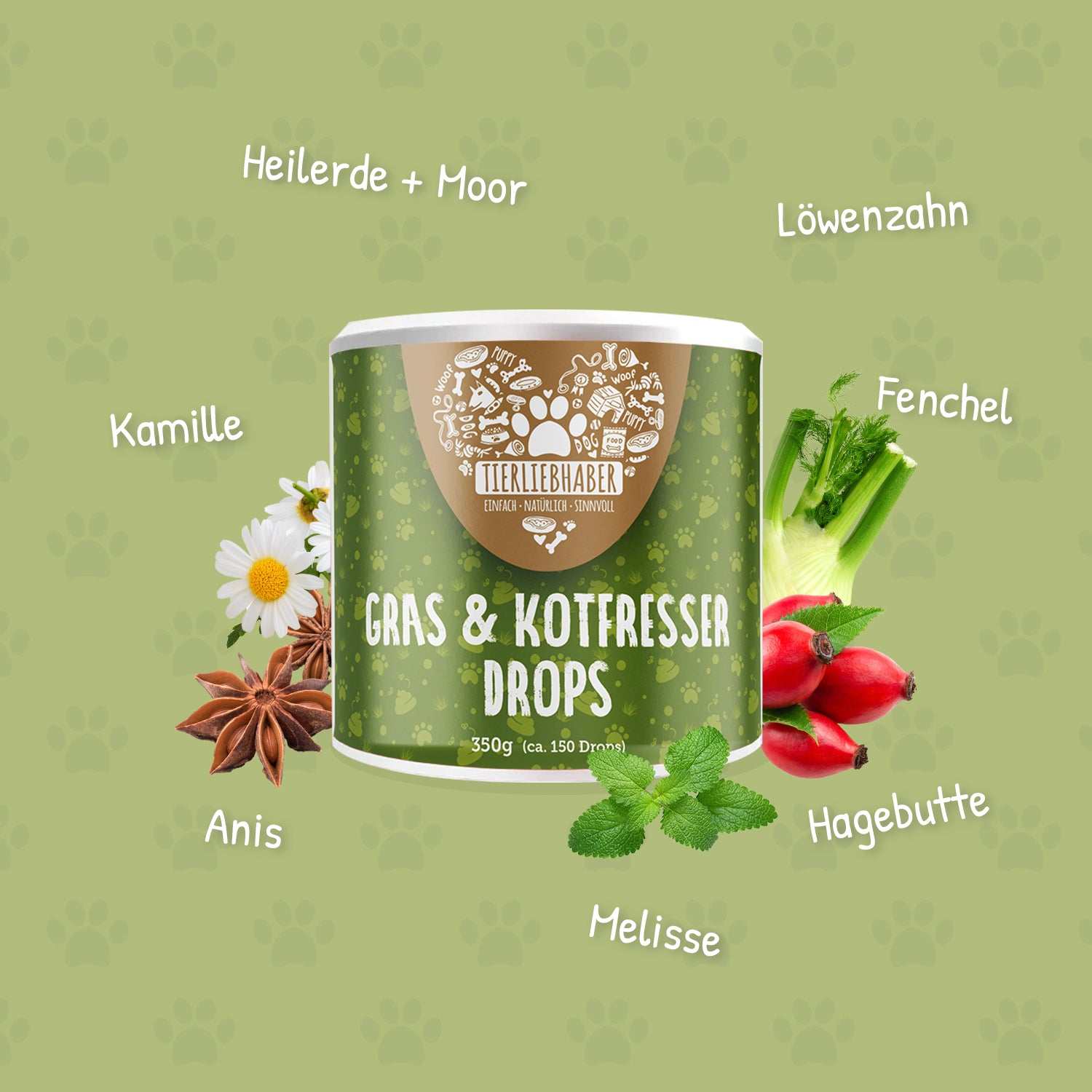 Gras und Kotfresser Drops VF by Tierliebhaber with natural ingredients like chamomile, dandelion, and rosehip to soothe dogs' stomach issues.