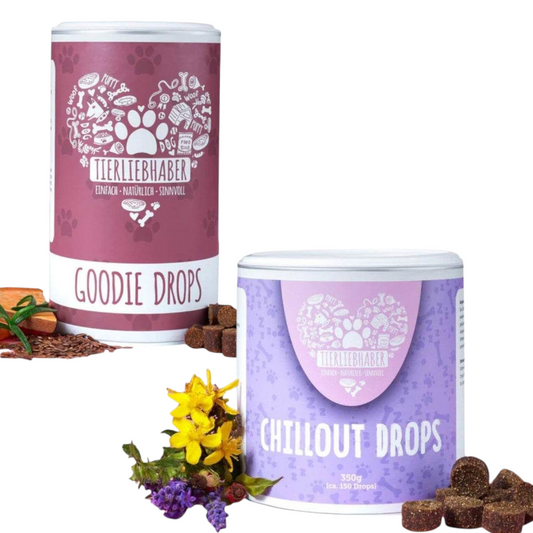 Chillout Drops for natural calming and relaxation for dogs, featuring valerian, St. John's Wort, and lavender.