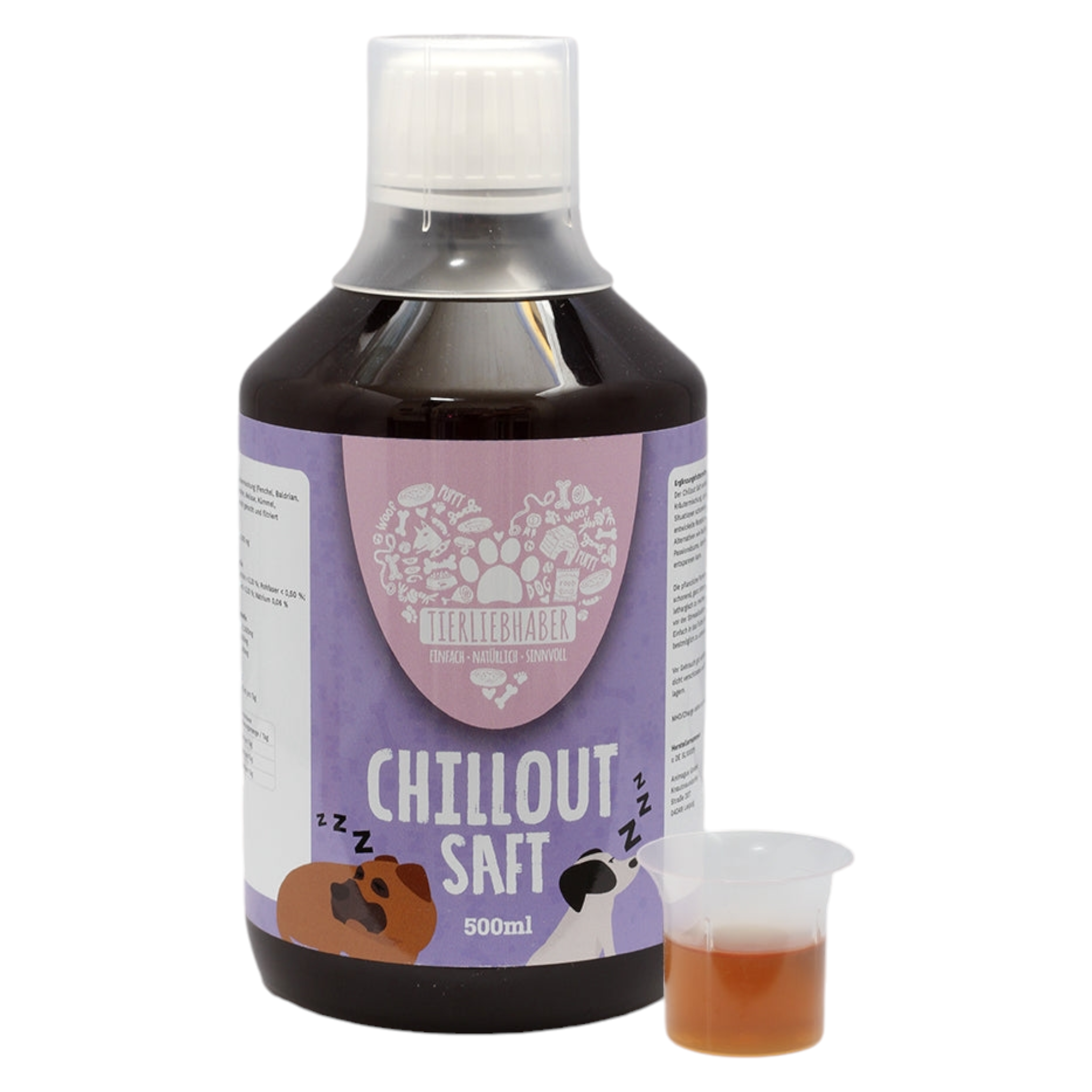 Chillout Saft zur sanften Beruhigung und Entspannung von Tierliebhaber Abbildung Flasche