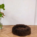 Bild in Galerie-Betrachter laden, Round handmade dog cushion with natural long sheepskin filling in taupe shade, dark brown color, eco-friendly, for pets.