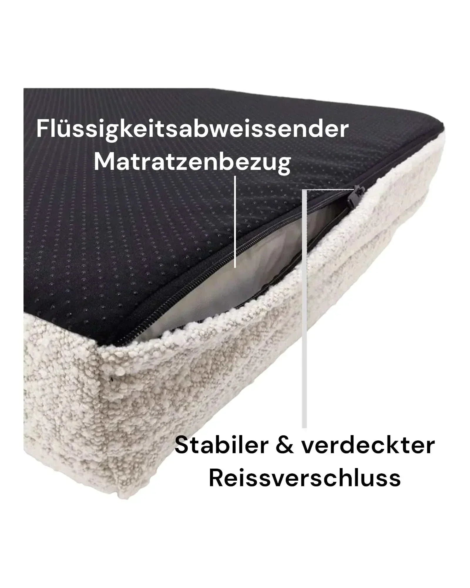 Hundebett Barklay XS with washable boucle cover, memory foam mattress, moisture-resistant cover, and hidden sturdy zipper.