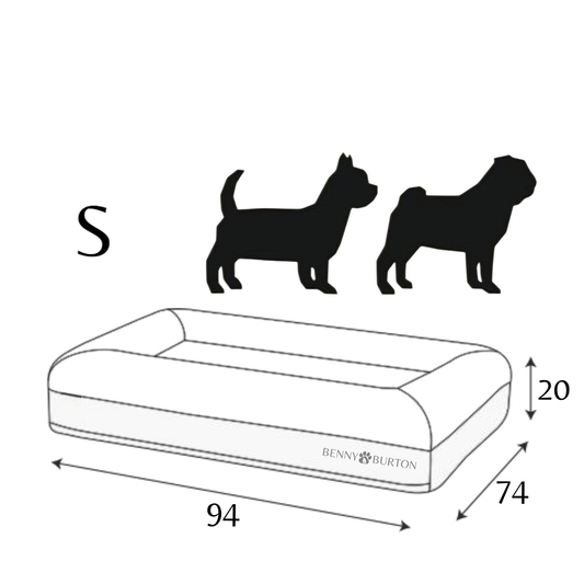 Hundebett Barklay S with memory foam mattress and washable boucle cover, dimensions 94x74x20 cm, designed for small dogs.