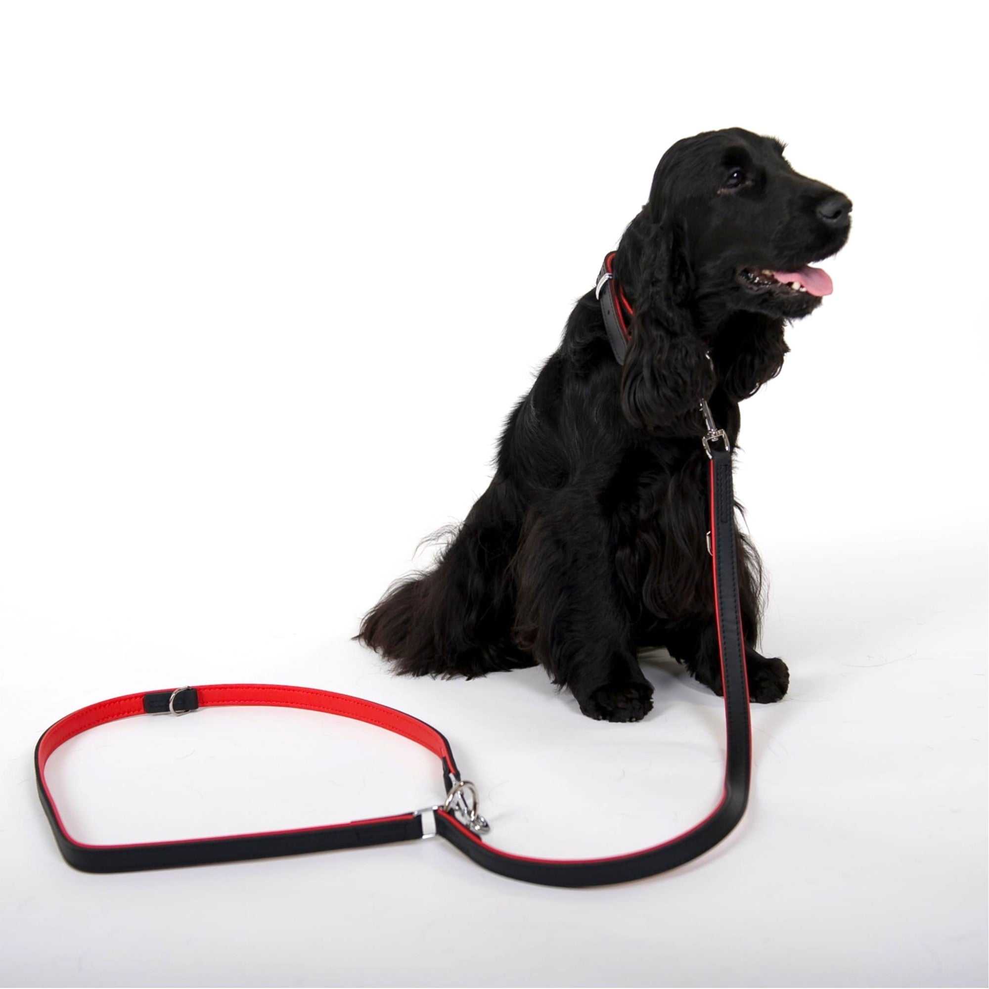 Adjustable black and red leather dog leash, high-quality and handcrafted.
