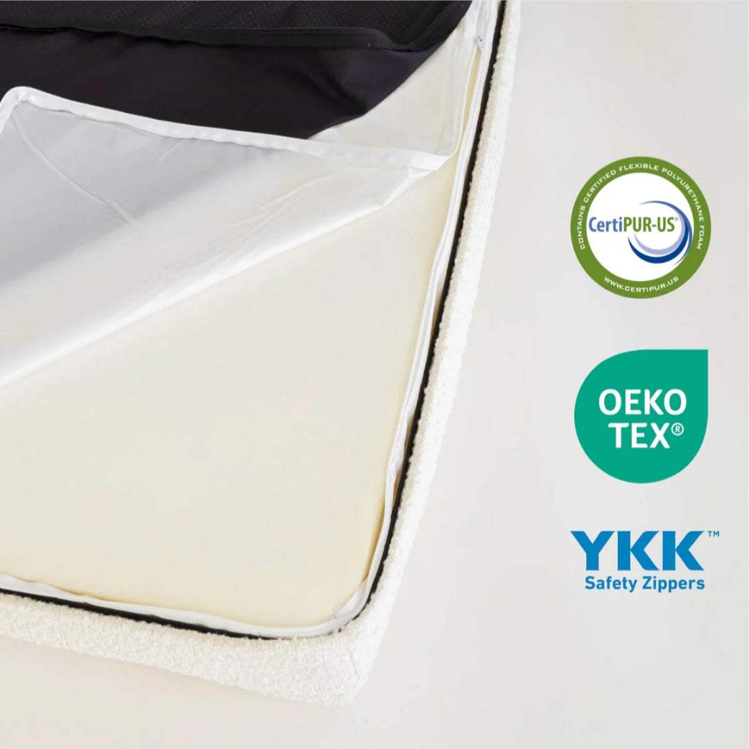 Memory foam mattress of Hundebett Barklay S with washable bouclé cover and certified OEKO-TEX and CertiPUR-US safety standards