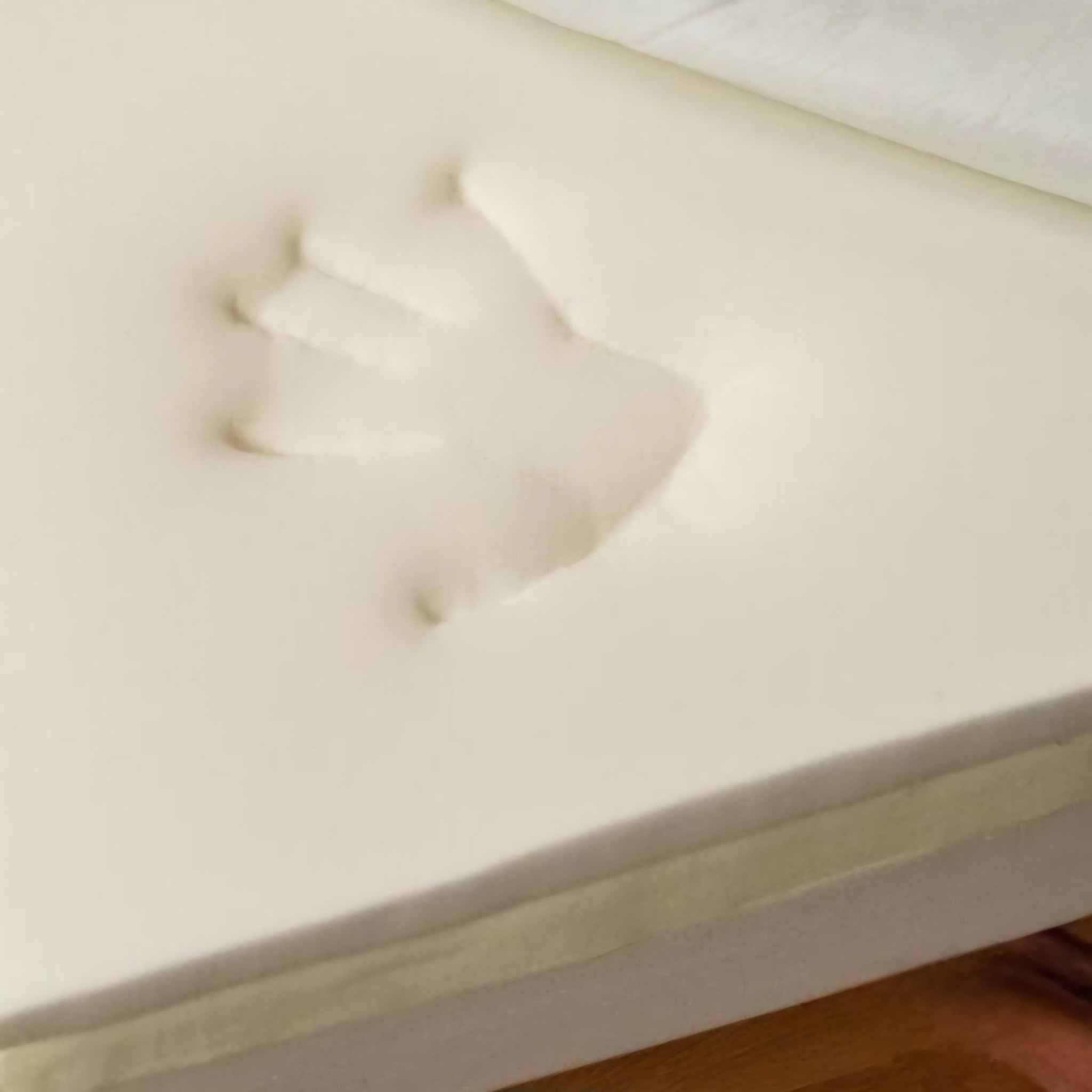 Close-up of Hundebett Barklay S memory foam mattress showing dog paw impression on creamy surface