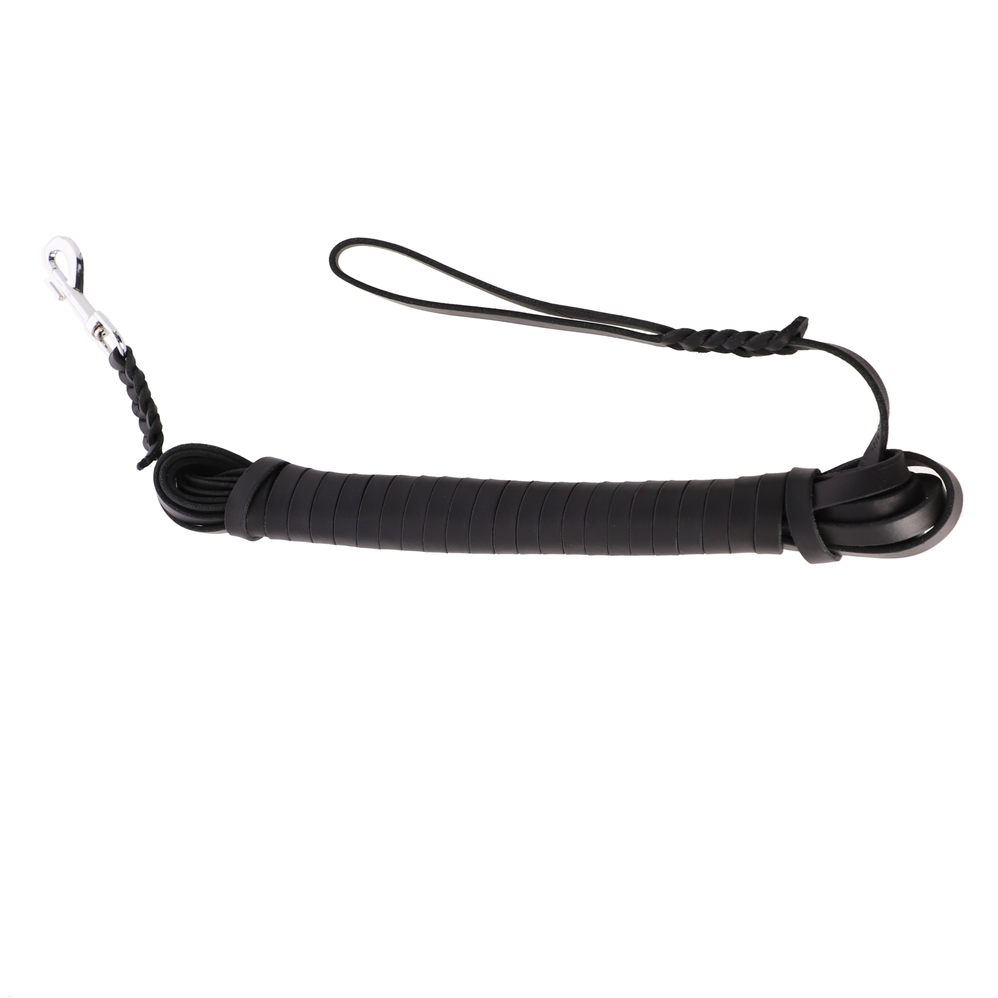 Extra-long 10-meter leather dog leash with braided handle.