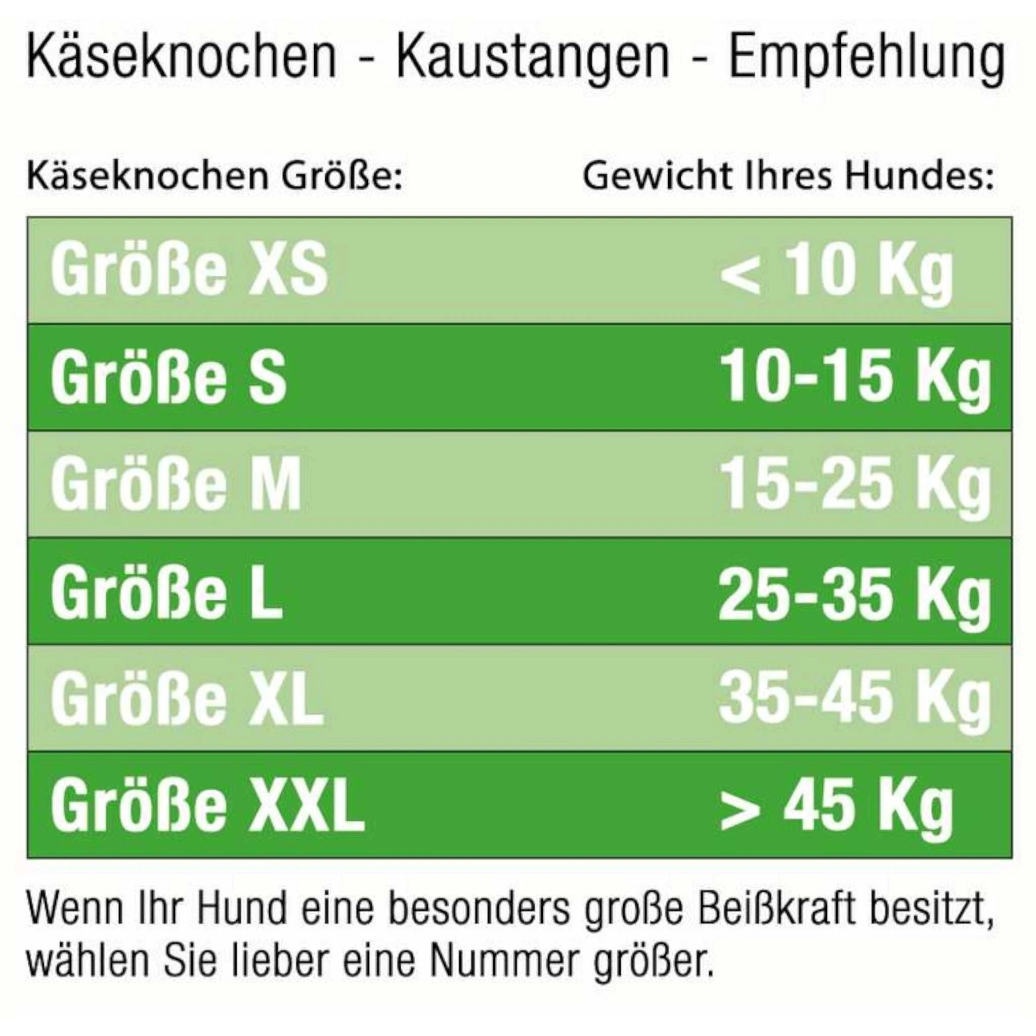 Käsekauknochen aus schmackhaften vegetarischer Hartkäse von Dauerkauer Größentabelle