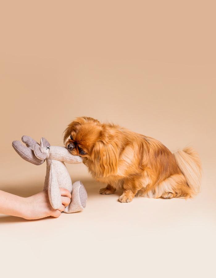 Kuscheltier BOB der Elch mit Knisterohren und robustem Oekotex Stoff mit kleinem Hund