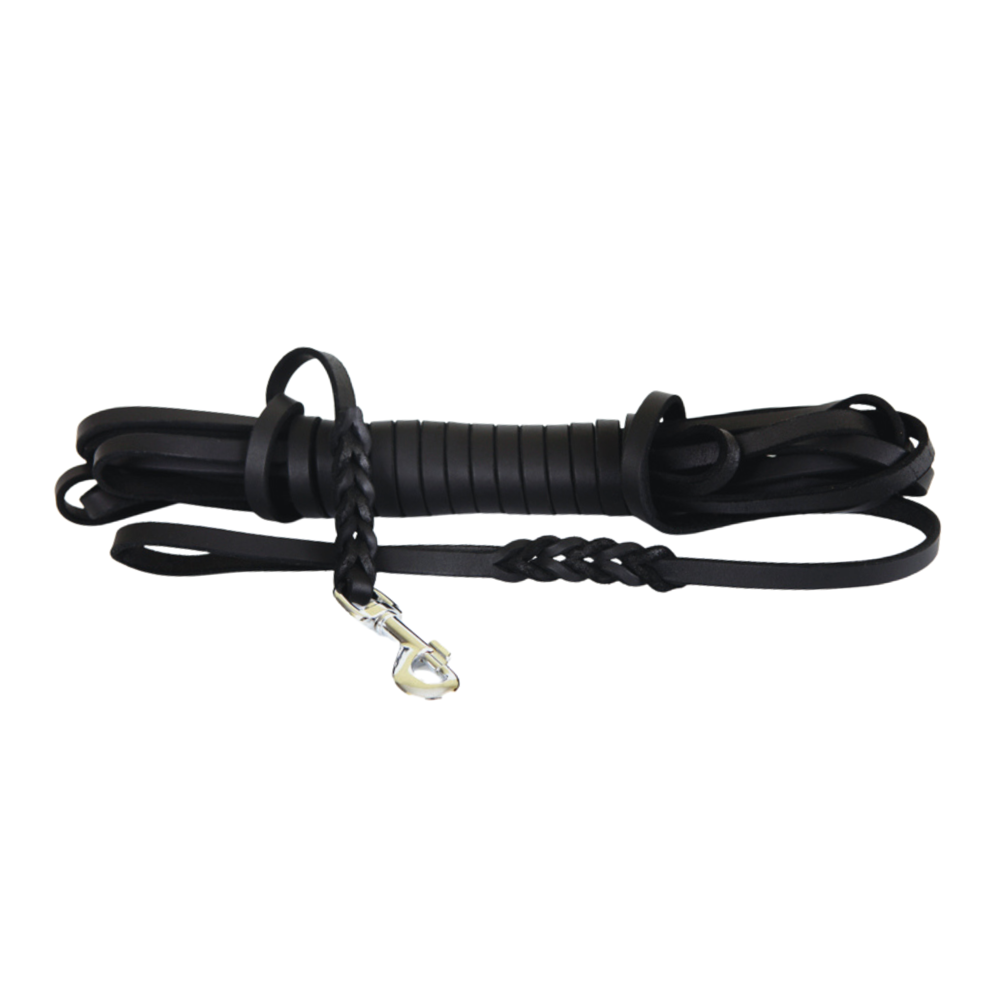 Extra long 10-meter leather training leash with braided handle.