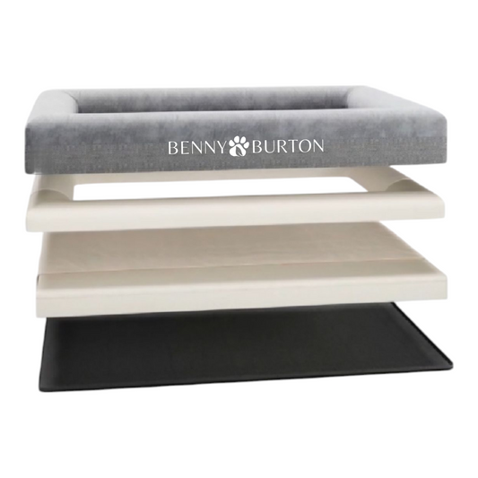 Hundebett Barklay M mit Viskoschaummatratze und waschbarem Bouclébezug, stilvoller Komfort für Hunde.