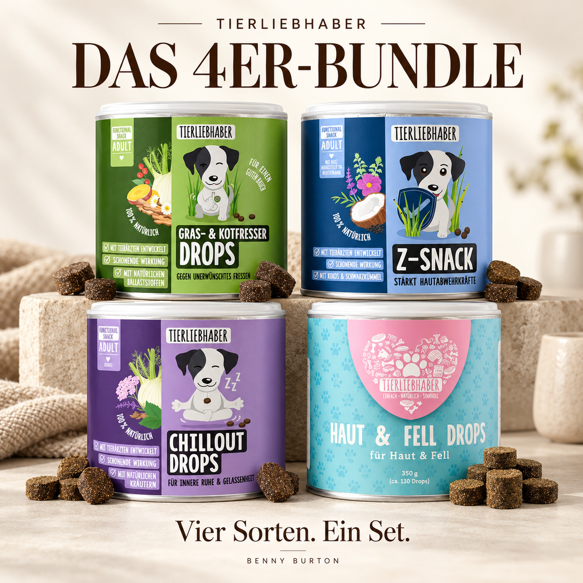 Tierliebhaber Super 4er-Bundle – Gras- & Kotfresser Drops, Chillout Drops, Z-Snack & Haut & Fell Drops