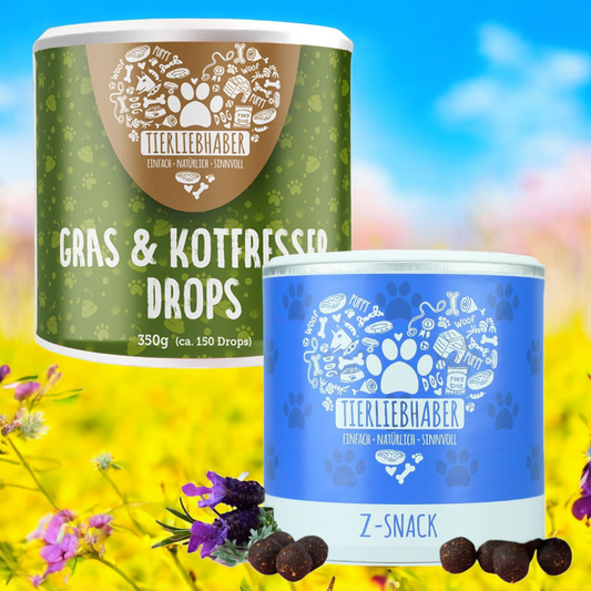 Frühlings Bundle von Tierliebhaber mit Gras- & Kotfresser Drops und Z-Snack vor blühender Wiese.