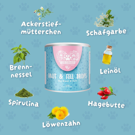 Haut & Fell Drops für Hunde, natürliche Nährstoffe, glänzendes Fell, 100% pflanzliche Zutaten.