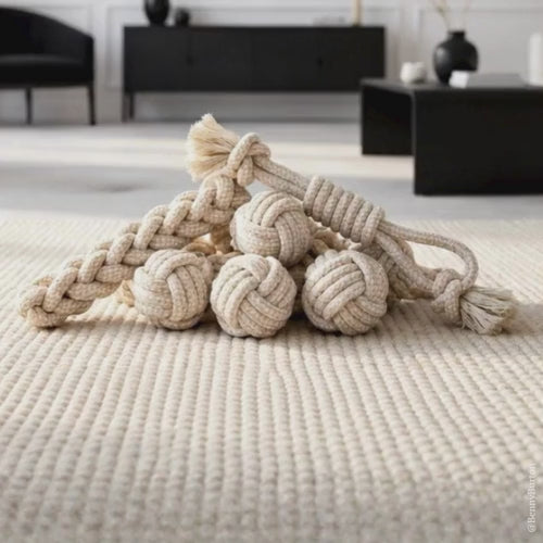 Rope dog chew toy made of hemp fibers and unbleached cotton