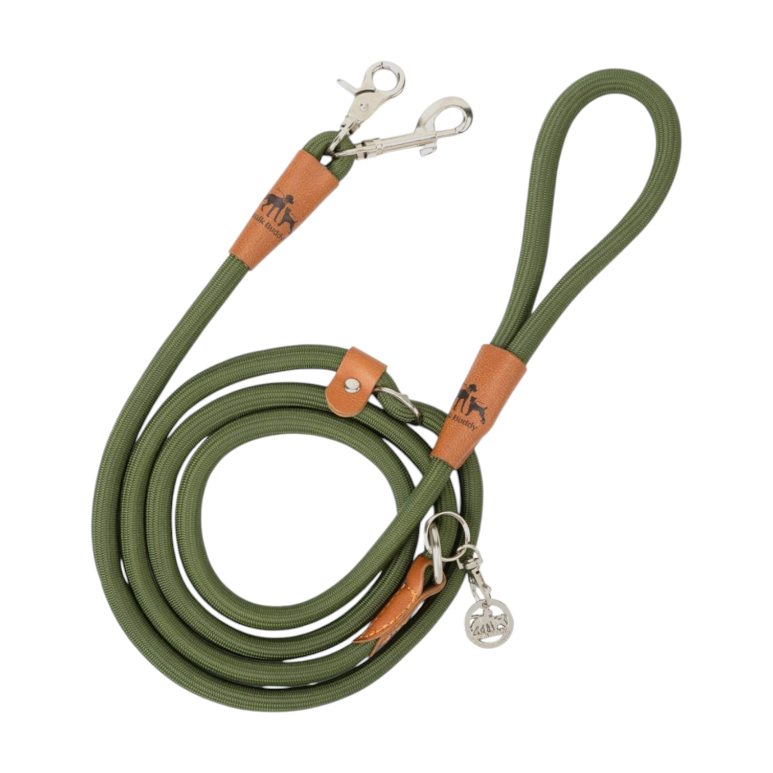 LeichtLaufLeine® Kurzleine und Übungsleine aus grünem Nylon mit Karabinern, ideal für Hundetraining.